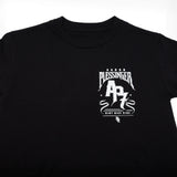 Black T-shirt with white Pleasinger AP7 Dirt Bike Kid logo