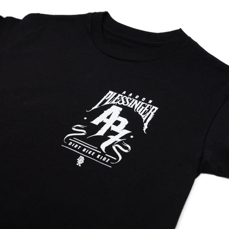 Black youth T-shirt chest graphic with white “Blessinger” lettering and “dirty bike kid” text.