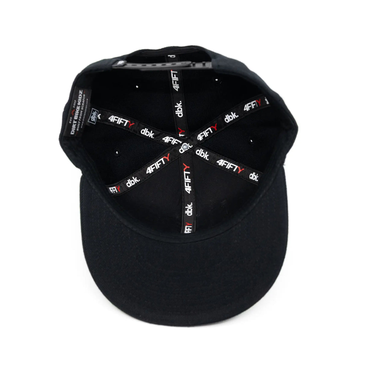 Snapback cap interior in black with 4FIFTY pattern lining and dbk branding