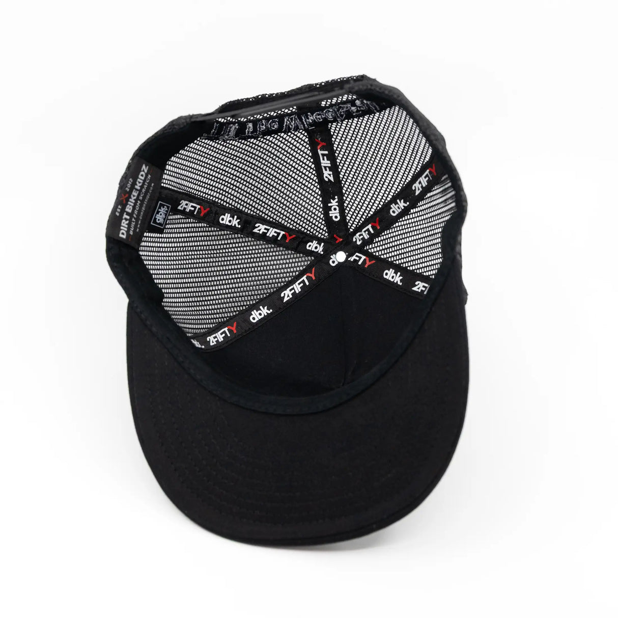 Black youth cap underside view with printed mesh lining and adjustable strap