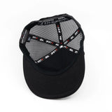 Black youth cap underside view with printed mesh lining and adjustable strap