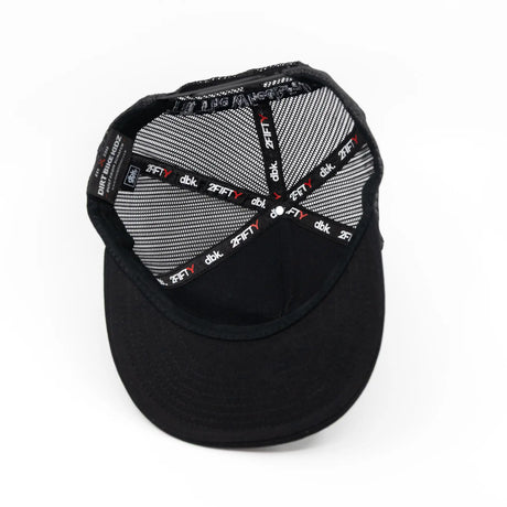 Black youth cap underside view with printed mesh lining and adjustable strap