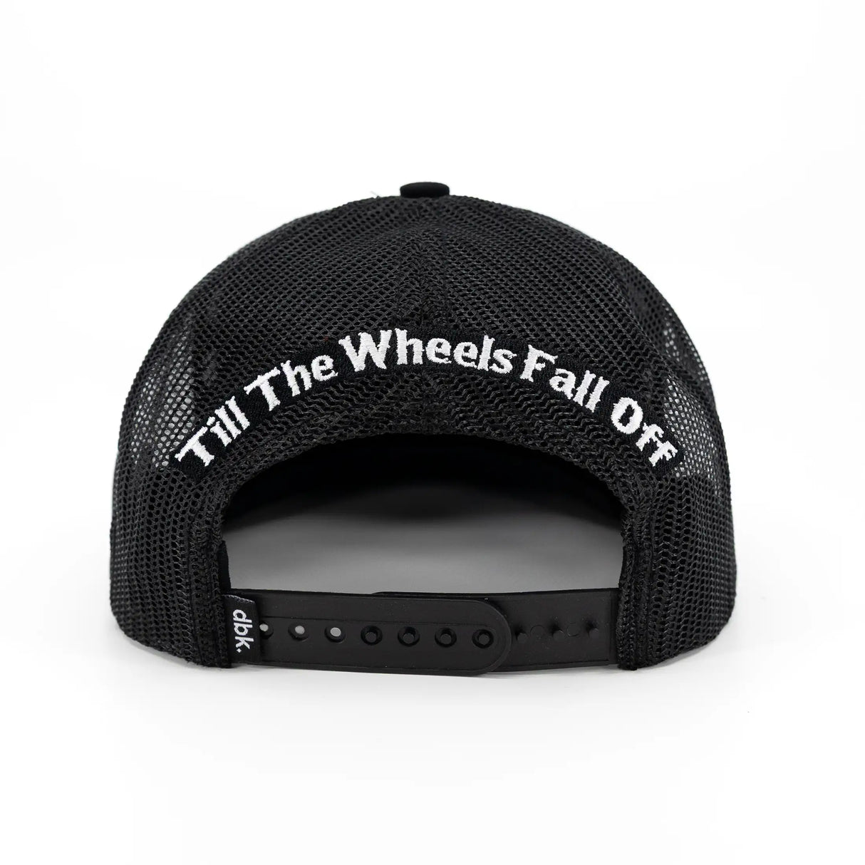 Black youth cap with mesh back and arched text on the rear panel