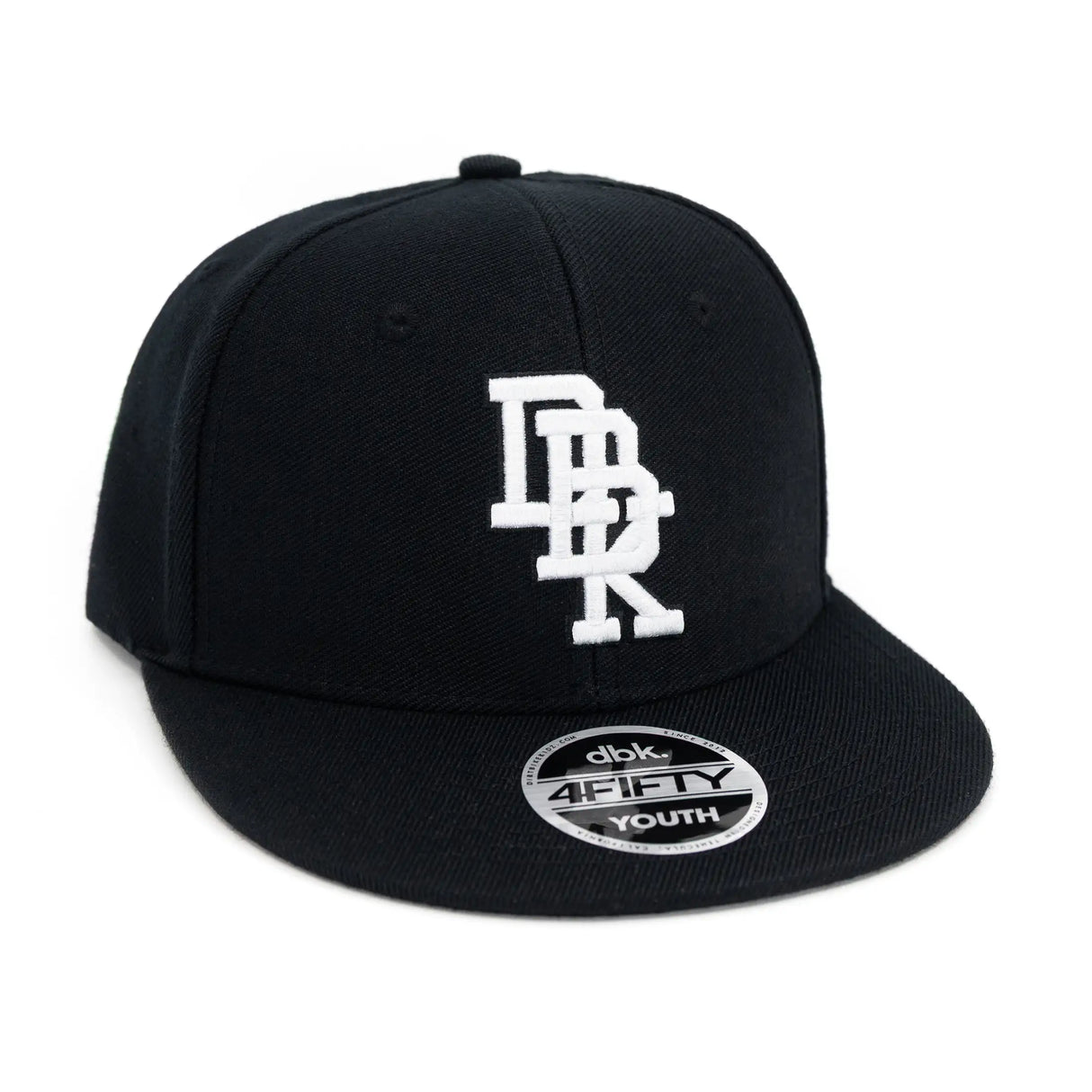 Black youth snapback cap with white monogram-style graphic and oval Youth patch