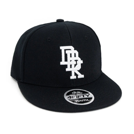 Black youth snapback cap with white monogram-style graphic and oval Youth patch
