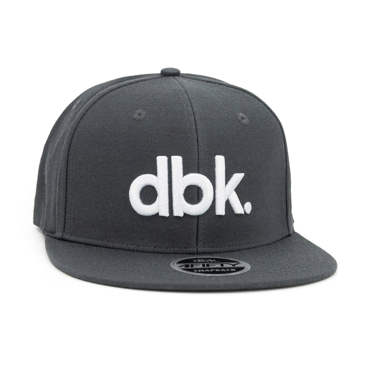 Charcoal snapback cap with white dbk logo and flat brim