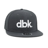 Charcoal snapback cap with white dbk logo and flat brim