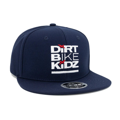 Navy snapback cap with front “Dirt Bike Kidz” embroidery and flat brim