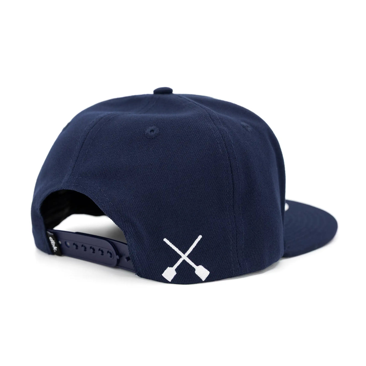 Navy snapback hat back panel with white crossed bike icon
