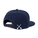 Navy snapback hat back panel with white crossed bike icon