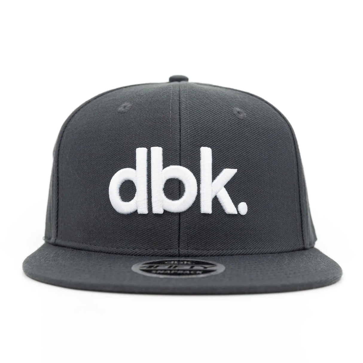 Charcoal snapback cap with large white dbk logo centered on the front