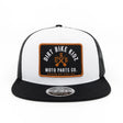 White front trucker cap with embroidered biker patch and black mesh side panels