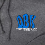 Gray hoodie with blue DBK logo and DIRT BIKE KIDZ lettering, near hem