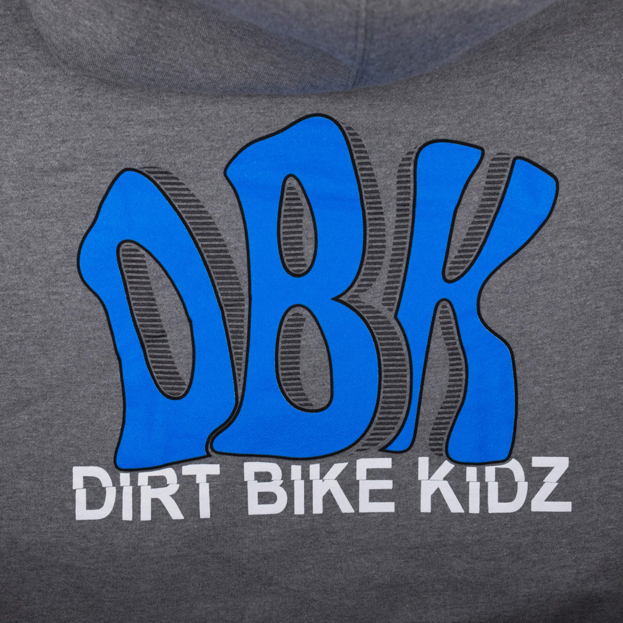 Gray hoodie with large blue DBK graphic and DIRT BIKE KIDZ lettering, cropped