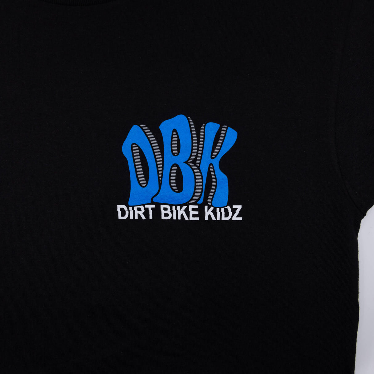 Black short-sleeve tee with small blue DBK graphic and Dirt Bike Kidz text.