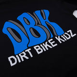 Black tee close-up of blue DBK letters with white Dirt Bike Kidz print.