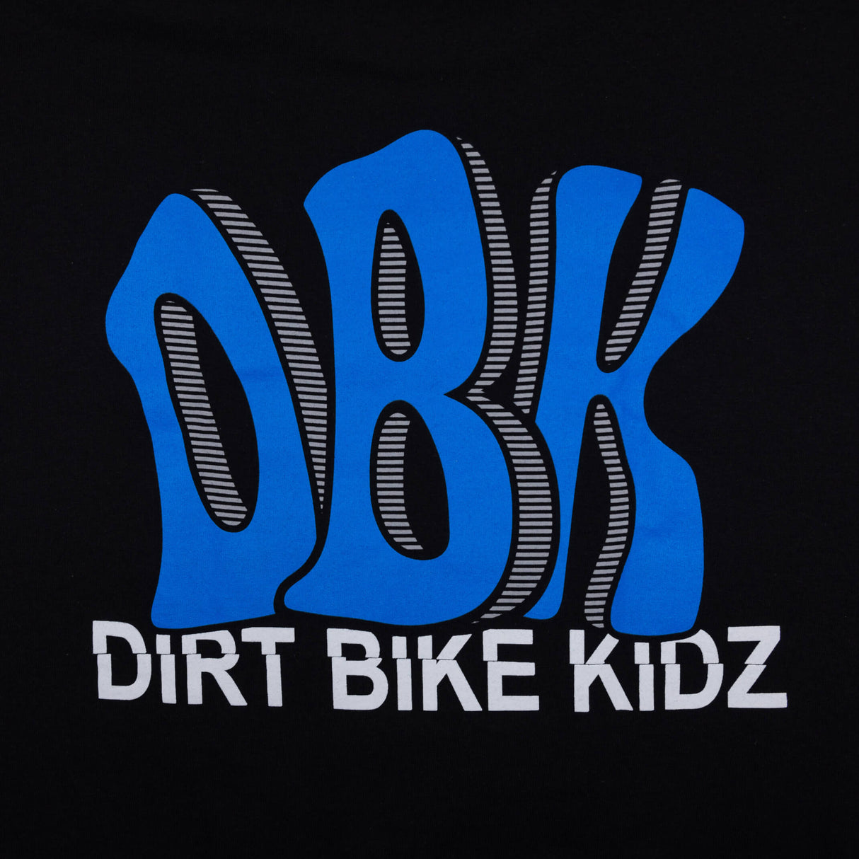Black tee close-up of blue DBK lettering with Dirt Bike Kidz text.