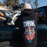 Black wide open hoodie back view with large DBK flame logo graphic and hood