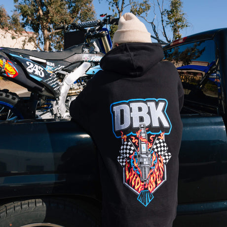 Back view of black Wide Open Hoodie with large DBK flame engine graphic