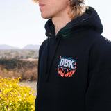 Black wide open hoodie with DBK flame logo on the chest and drawstring hood