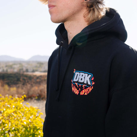 Black Wide Open Hoodie with DBK logo and flames on the front, view from side