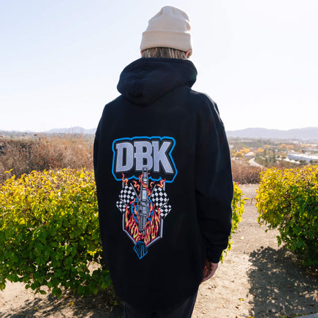 Black Wide Open Hoodie with DBK back graphic featuring flames and checkered flags