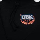 Black wide open hoodie close-up of DBK flame logo below the drawstring hood