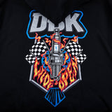 Black wide open hoodie graphic close-up featuring DBK, flames, checkered pattern, and bottle