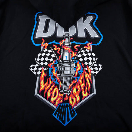 Close-up of DBK flame engine graphic on the front of a black hoodie