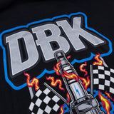 Black wide open hoodie close-up of DBK lettering, burning bottle, and checkered banner