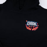 Youth black hoodie close-up of chest “DBK” flame logo