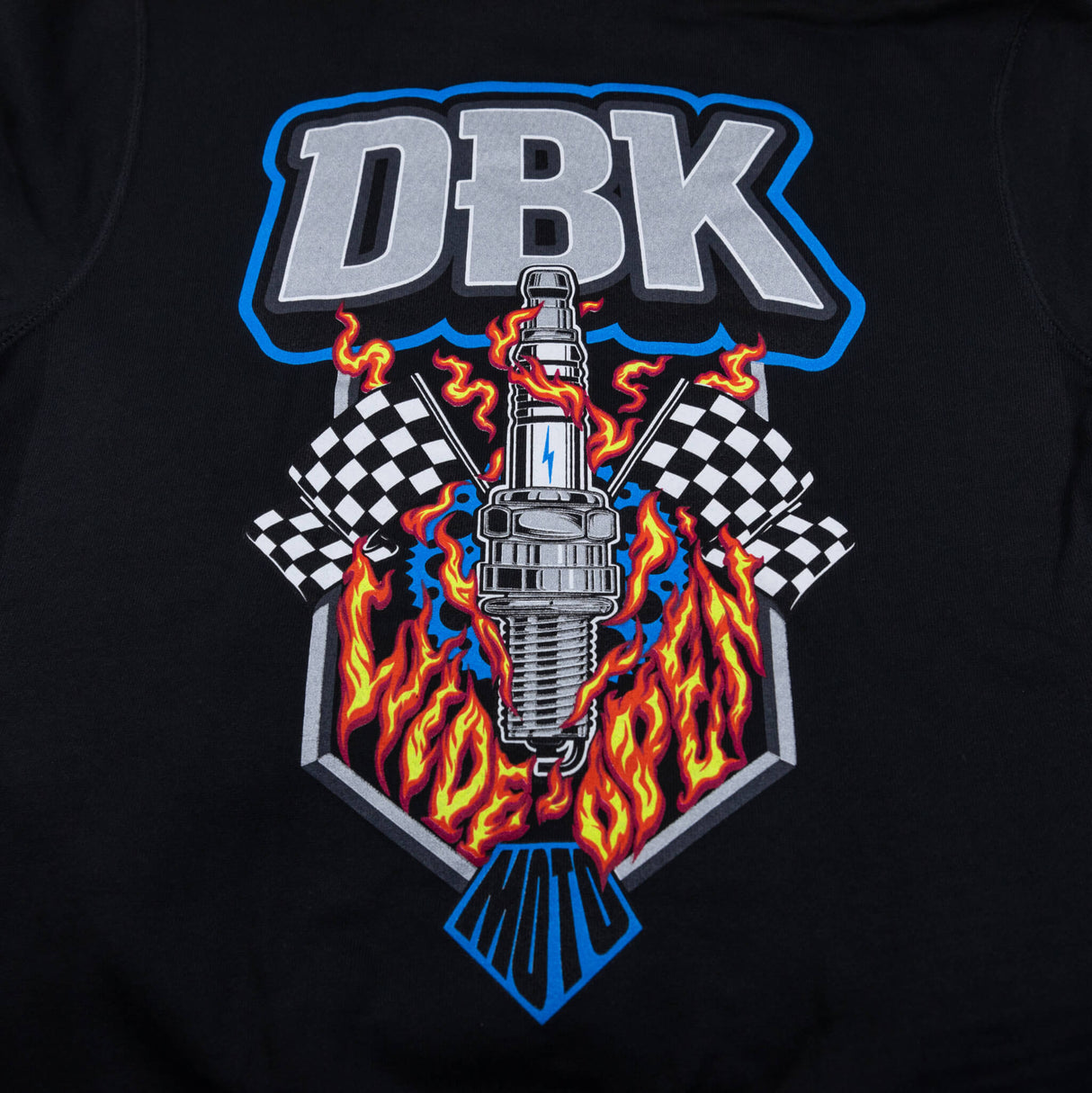 Youth black hoodie chest graphic: “DBK” above a burning microphone and checkered flags
