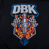 Youth black hoodie chest graphic: “DBK” above a burning microphone and checkered flags