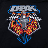 Youth black hoodie back graphic with “DBK” title and burning microphone in flames