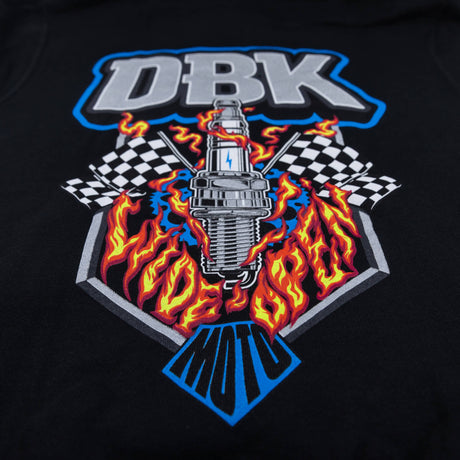 Youth black hoodie back graphic with “DBK” title and burning microphone in flames