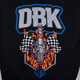 Youth black hoodie close-up back graphic showing “DBK” logo and checkered pattern