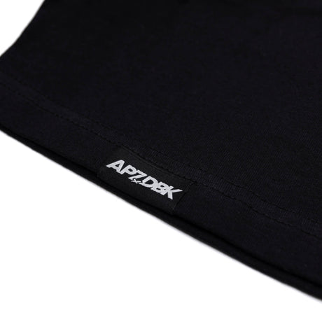 Black Roadhouse AP7 tee sleeve hem detail with APXDBK label