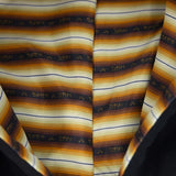 Striped inner hood lining with multicolor bands and navy hoodie edge