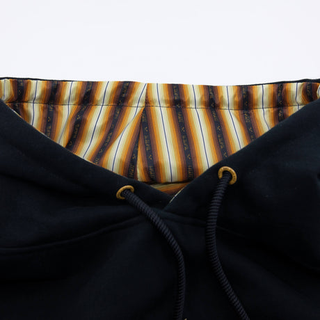Drawstring hood and striped inner lining of the dark hoodie