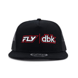 Black trucker cap with FLY and dbk logos, front view