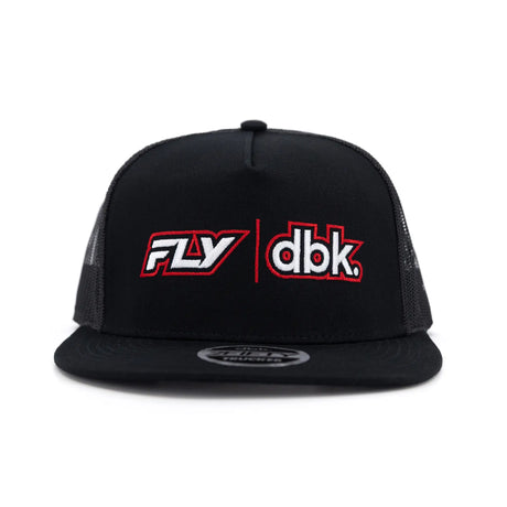 Black front-panel trucker cap with red/white FLY|dbk logo