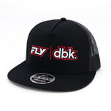 Black trucker hat with mesh back and FLY dbk front logo