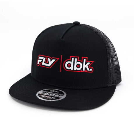 FLY x DBK trucker cap: black with front logo and mesh sides, adjustable strap