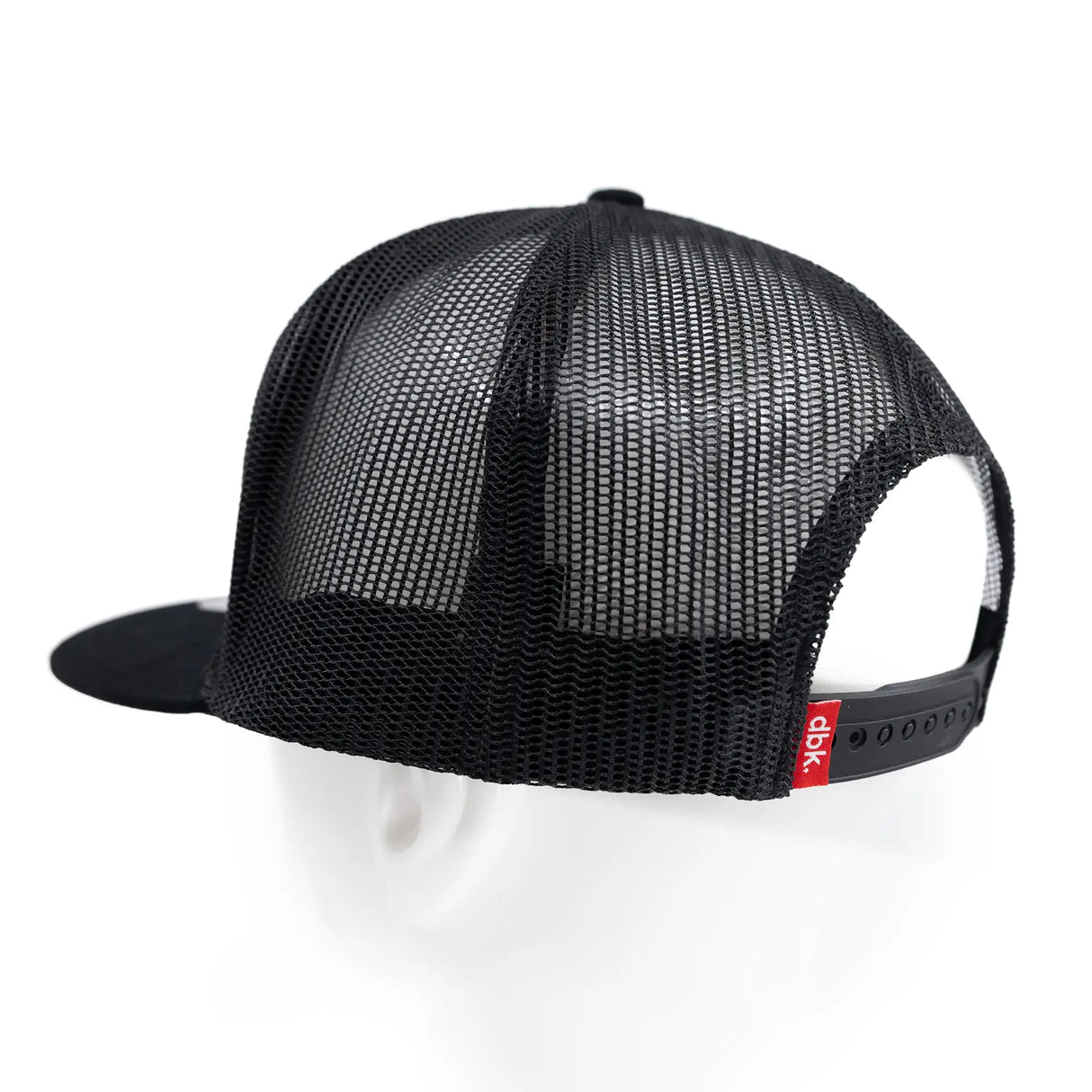 Black mesh trucker cap back view with adjuster strap
