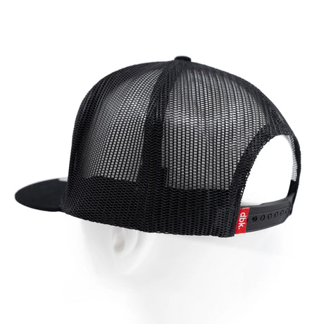 Black mesh trucker cap back view with adjustable strap