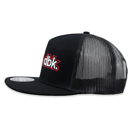 Black trucker cap side view with red dbk logo on front