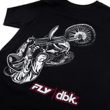 Black youth T-shirt close-up showing white rider wheel graphic and red FLY dbk logo