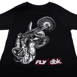 Black youth premium T-shirt with centered white rider wheel graphic and red FLY dbk logo