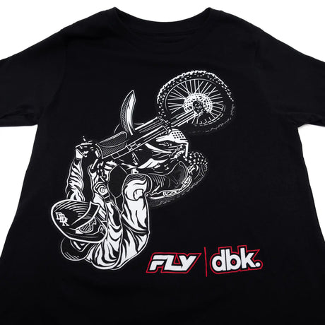 Black youth premium tee with detailed wheelie rider illustration and front logos