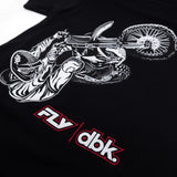 Black youth T-shirt close-up of white rider wheel graphic with red FLY dbk lettering